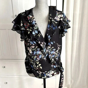 PARKER Floral Short Sleeve Ruffle Wrap Blouse, Size  M